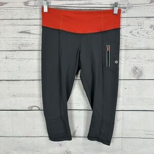 Lululemon Leggings Womens 6‎ Gray Orange Zip Crop Pockets Ruched